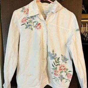 Alfred Dunner Button‎ Shirt Womens 12 Solid White Long Sleeve Floral Embroidery